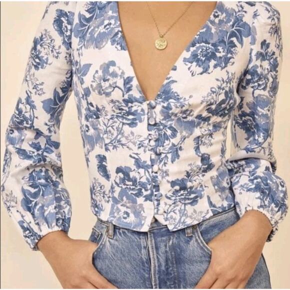 Reformation Tops - Reformation Aryn Linen Floral Top Balloon Sleeves Size 4 Romantic